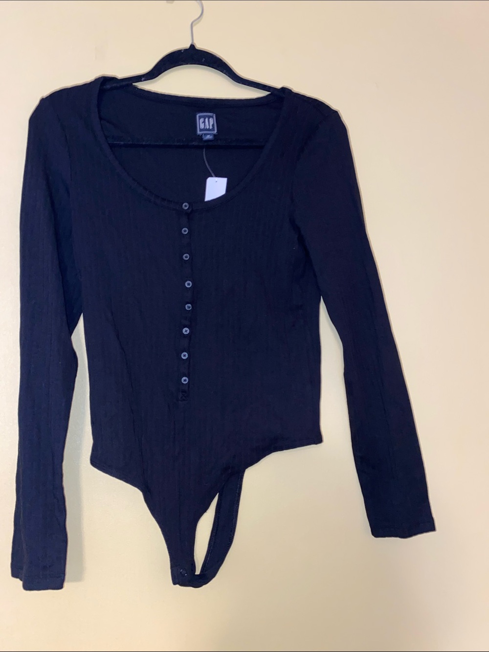 GAP Black Long-Sleeve Henley Ribbed Bodysuit